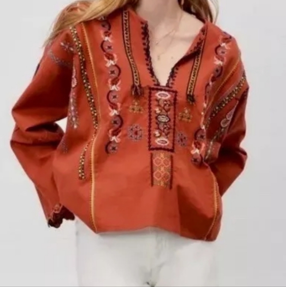 Zara Rust Brown Linen Blend Soutwestwrn Eambroidered Long Sleeve  Top sz M